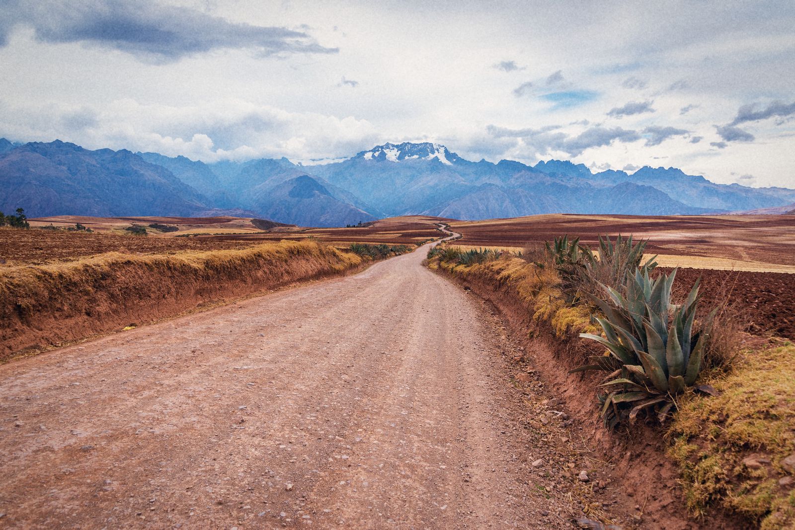 Camino de tierra entre chacras secas que va hacia la cordillera, en el Valle Sagrado de Cusco